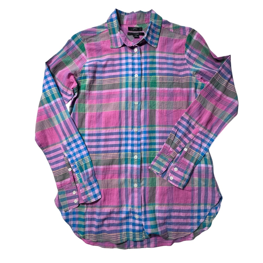 J.Crew Button Down Shirt Womens 2 Pink Madras Plaid Preppy Coastal Classic - Picture 2 of 9